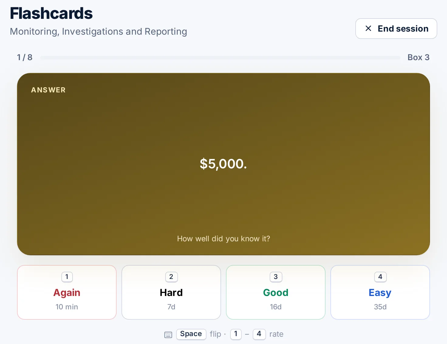 A flipped CAMS flashcard on how terrorist financing differs from money laundering, with Again, Hard, Good and Easy review buttons and their next-review intervals