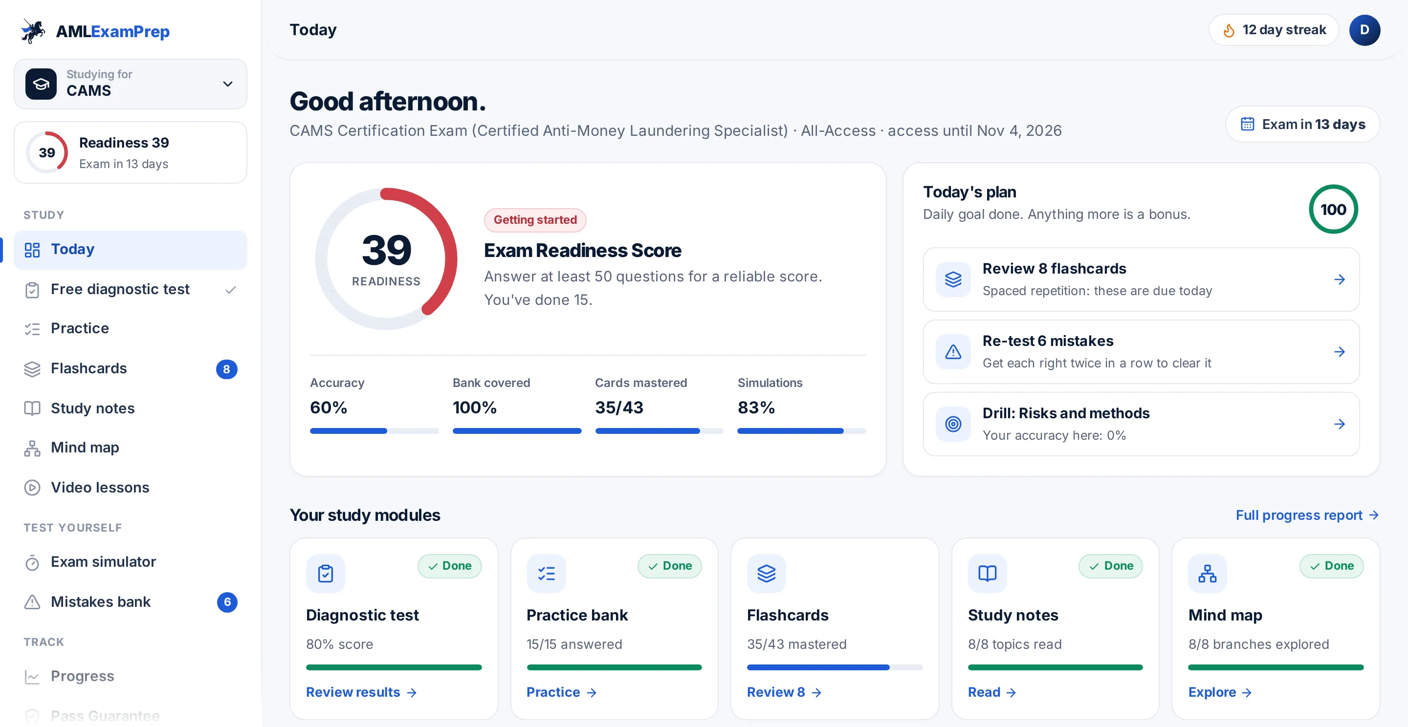 AMLExamPrep dashboard showing the Readiness Score, a 13-day exam countdown, today's study plan and study modules for the CAMS exam